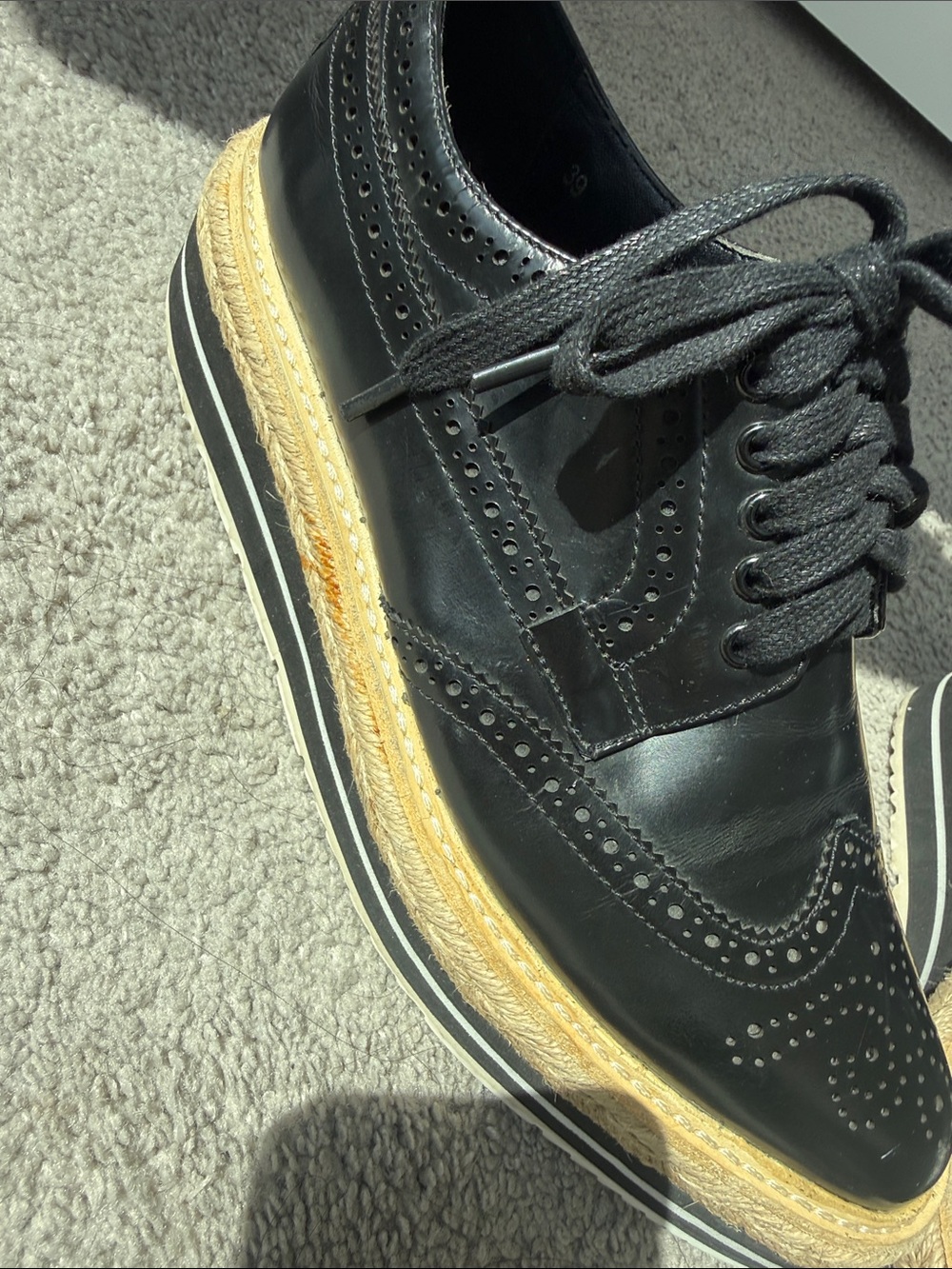 Prada Black Leather Brogues with Natural Tan Platform Sole - Picture 14 of 16